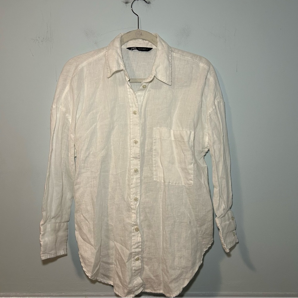 Zara 100% Linen White Button Down Long Sleeve Top Size Small